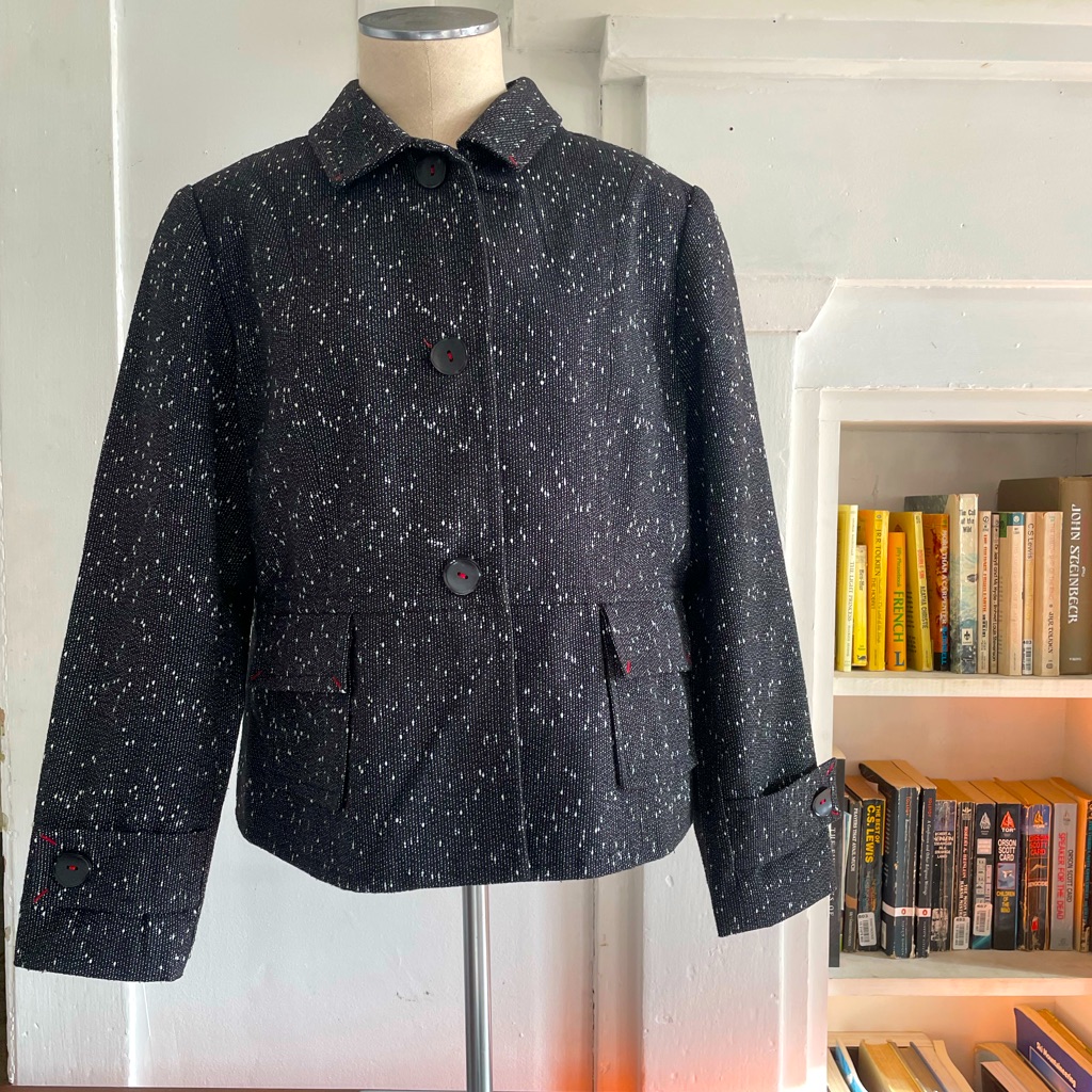 Mary Mcfadden Collection Womens Black Textured Wool Blend Blazer Jacket 14 P